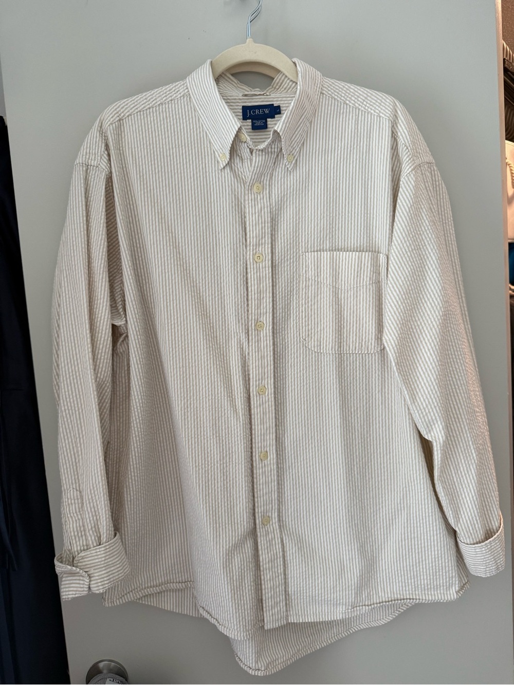 J. Crew Men’s Cream and Light Brown Striped Button-Down Shirt